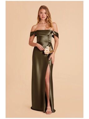 Birdy Grey Olive Green Mia Dress Off-the-shoulder Satin Gown